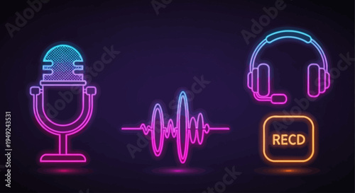 Microphone Headphones Soundwave Record Icon Set.