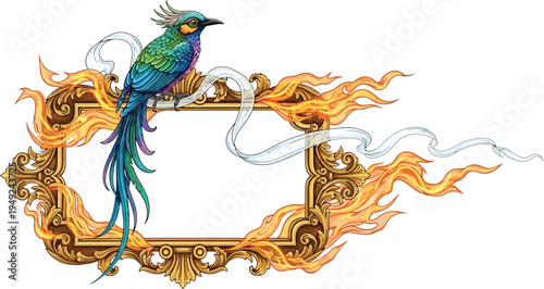 A vibrant bird perches on an ornate golden frame surrounded by flames and smoke.