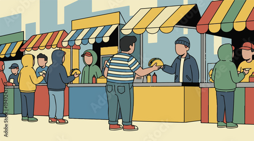 Street food market scene with customers and vendors in colorful stalls