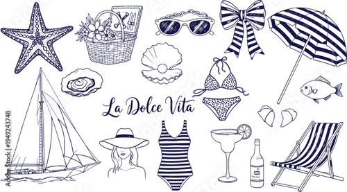 La dolce vita summer collection with sailboat picnic basket swimwear and starfish in cad drawing flat vector illustration isolated set.