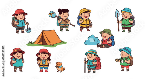 Cartoon children enjoying a camping adventure with hiking gear, a tent, and a small dog.