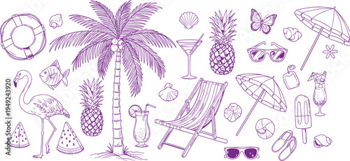 Tropical summer beach collection with flamingo pineapple palm tree and umbrella in cad drawing flat vector illustration isolated on white.