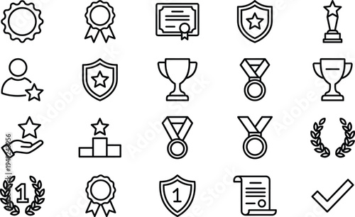 Achievement and Award Icons Set Featuring Medals, Trophies, Certificates, Podiums, Laurels, and Ribbons for Recognition Graphics