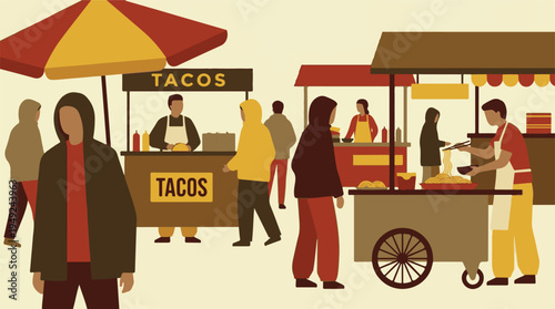 Street food market scene with vendors selling tacos and noodles to customers
