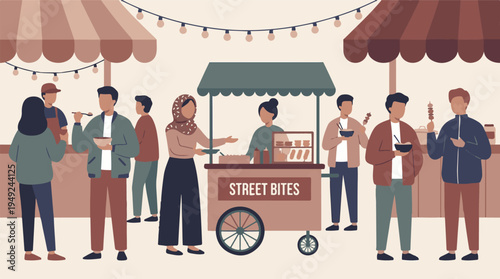 Diverse group of people enjoying street food at an outdoor market
