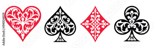 Ornate floral playing card suit symbols featuring heart, spade, diamond and club in red and black decorative artistic design, elegant casino card icons with vintage ornamental style for game graphics 