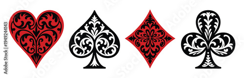 Ornate floral playing card suit symbols featuring heart spade diamond and club in red and black decorative artistic design, vintage ornamental casino icons for card games, gambling themes and elegant 