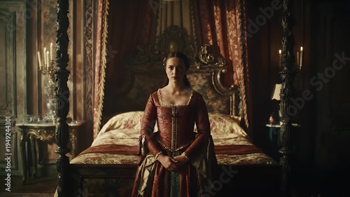 Elegant Young Woman In A Red Period Dress Stands In A Luxurious Bedroom With A Canopy Bed Intricate Details And Dramatic Lighting Creating A Regal Atmosphere