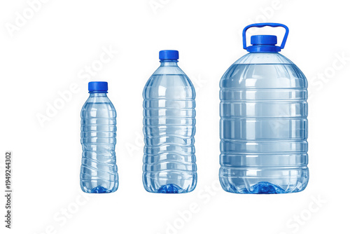 Three different sizes of clear plastic water bottles with blue caps on checker