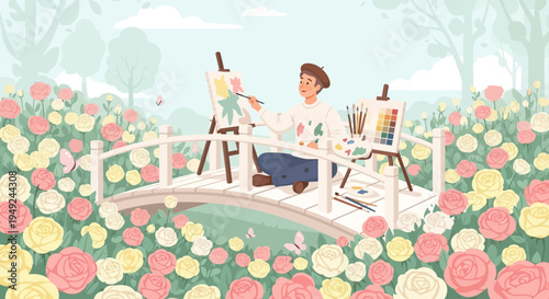 Artist painting flowers on a bridge surrounded by blooms.