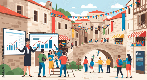 Business presentation in a lively town square with diverse audience.