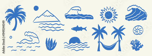 Boho summer set hand-drawn doodle style: palm trees, ocean waves, sun, mountain by the sea,fish, shells,coral, seaweed, hammock, tropical retro prints, summer beach label, naive vignetting vector art.