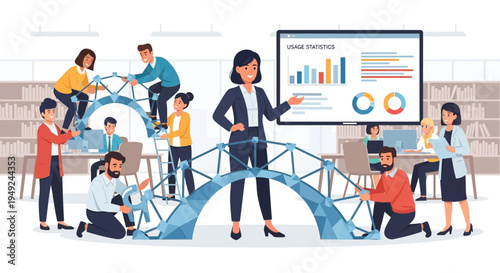 Business team collaborating on a project with a presentation.