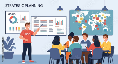 Business team in strategic planning meeting discussing goals and KPIs.