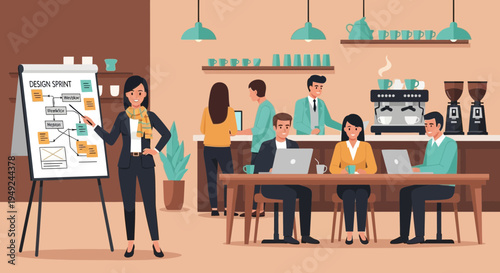 Businesswoman presenting strategy on whiteboard to colleagues in cafe.