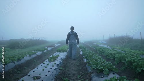 Farmer Walking Through Foggy Agricultural Field at Sunrise Wearing Overalls and Hat