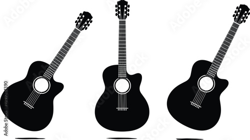 Acoustic guitar silhouettes in different angles, isolated black musical instruments on white background vector illustration set