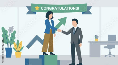 Business professionals celebrate success with handshake and congratulations
