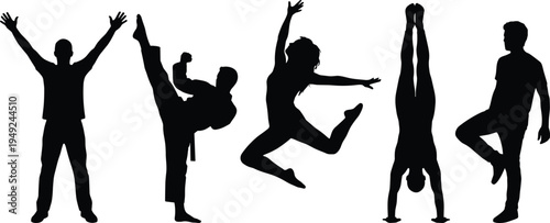 Active people silhouettes jumping, kicking, balancing, and celebrating poses, isolated black vector figures on white background set