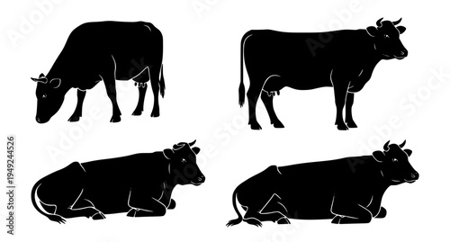 Cow Silhouette Icon Set Farm Animal Black Vector Collection