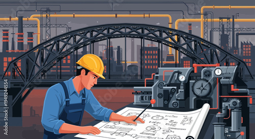 Engineer reviewing blueprints in industrial setting with machinery.