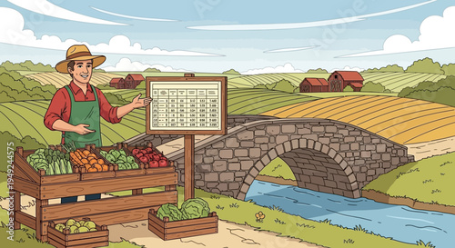 Farmer selling fresh produce at roadside stand.