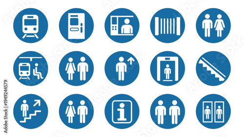 Train Station KRL Icon Set, 12 blue circle ISO transit wayfinding pictograms, public transportation symbols, vector illustration