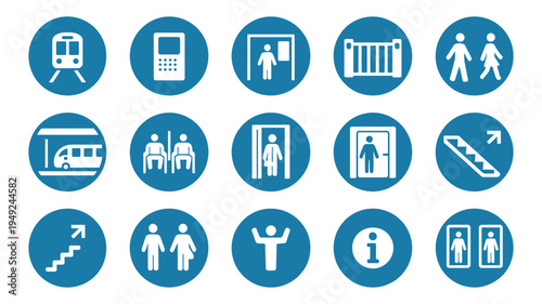 Train Station KRL Icon Set, 12 blue circle ISO transit wayfinding pictograms, public transportation symbols, vector illustration