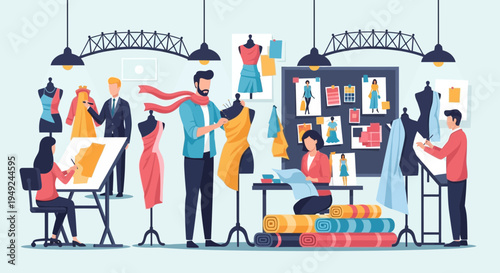 Fashion designers working together in a studio environment.