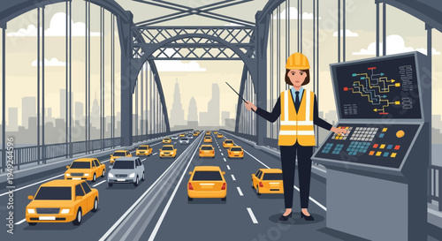 Female engineer overseeing traffic control on a busy bridge.