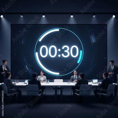 Intense political debate with countdown timer on large screen.