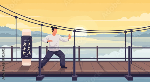 Man practicing martial arts on a bridge.