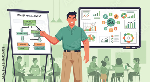 Man presenting business strategy on whiteboard to audience.