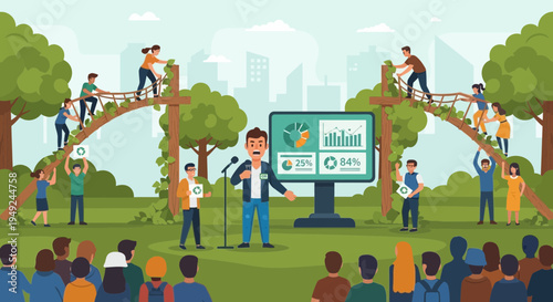 Man presenting on stage with audience and screen.