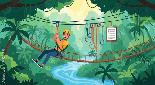 Man ziplining through a lush green jungle canopy.