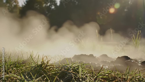 Golden Morning Sunlight Illuminating Misty Ground with Dewy Grass and Soft Focus Trees in the Background