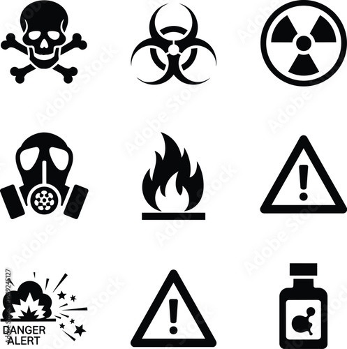 Black icons of hazardous materials and warning signs on white background