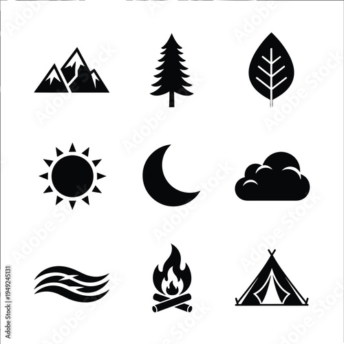 Camping icons set with mountains, tree, leaf, sun, moon, cloud, wind, fire, tent