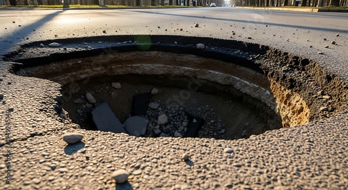 Large Pothole in Asphalt Road Surface - Infrastructure Failure.