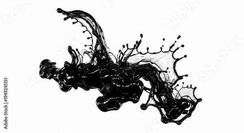 Dynamic splash of black liquid, creating a captivating display of movement and form. The black liquid forms an elegant shape