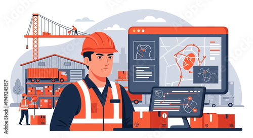 Warehouse worker in safety vest and hard hat overseeing logistics.