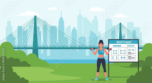 Woman exercising with dumbbells and workout chart in park.