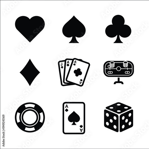 Black icons of casino and gambling symbols on white background