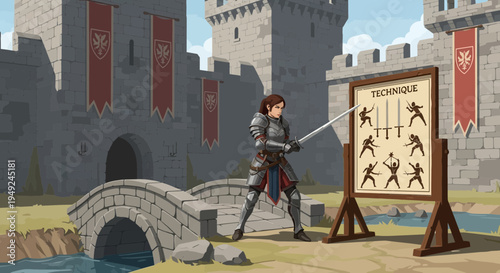 Warrior practicing sword techniques in front of castle training board.