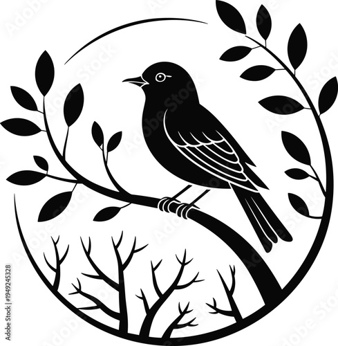 Black and white silhouette bird perched on artistic branch circle frame with seasonal contrast of leafy and barren branches, symbolizing nature cycles and balance
