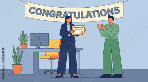 Business promotion celebration with congratulations banner and applauding colleague