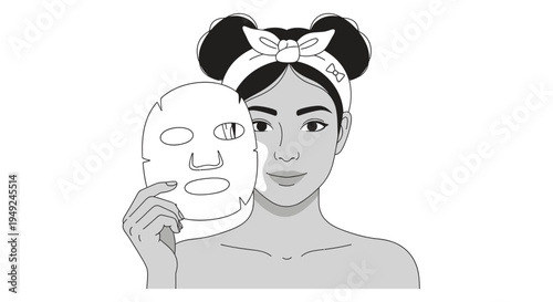 Woman with hair buns holding a fresh sheet mask during a self care beauty routine