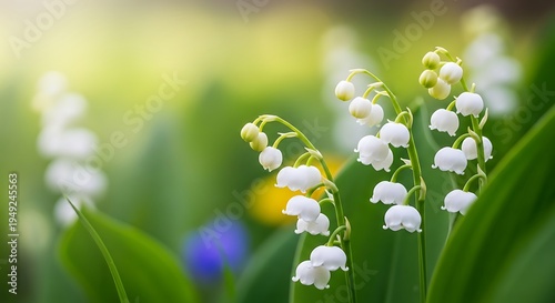 Close-up of lily-of-the-valley flowers, bright white bells, surrounded by green foliage, soft lighting
