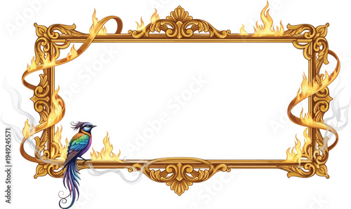 A vibrant peacock perches on an ornate golden frame with flames and intricate designs.
