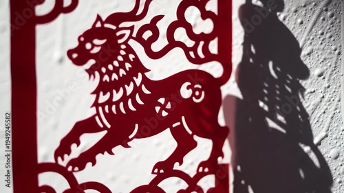 Intricate Red Chinese Paper Cutting of a Mythical Beast with Dramatic Shadows on a Textured White Wall Symbolizing Good Fortune and Prosperity